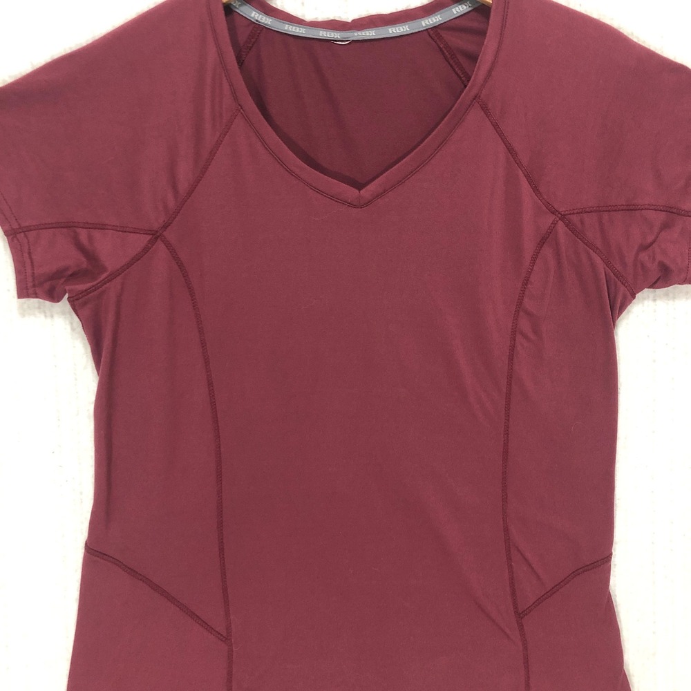 RBX Womens V-Neck Short Sleeve Activewear Top Burgundy Maroon Performance Shirt